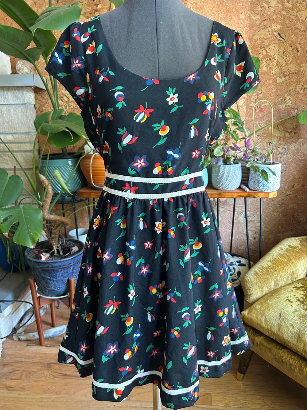 Lucca Couture Black Dress w/Cutout Details & Midcentury Floral Print
